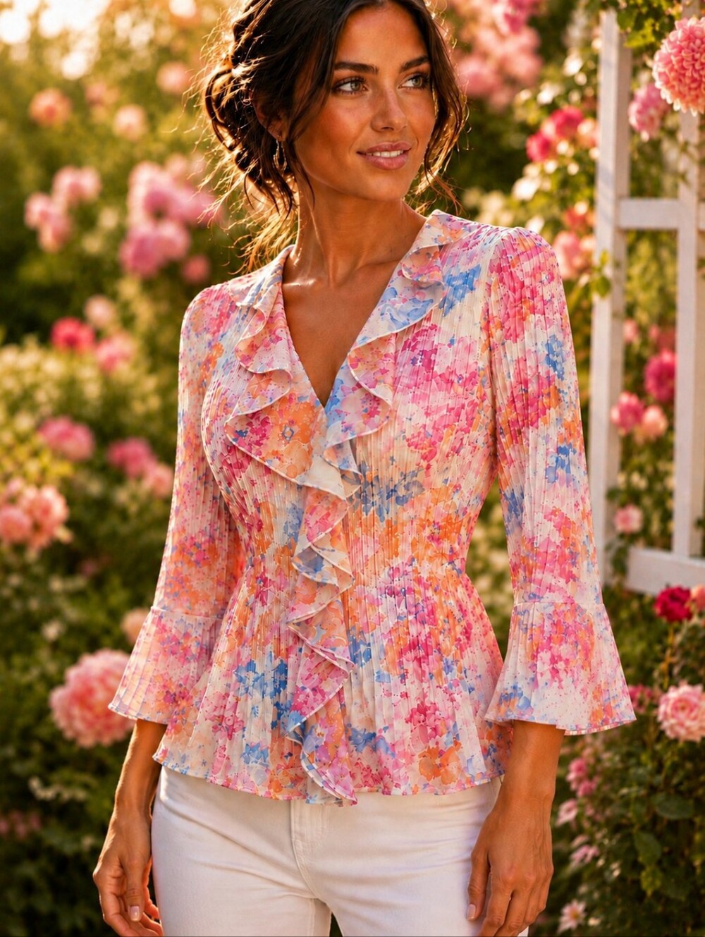 🔥Floral ruffle pleated blouse bell sleeves Spring top feminine romantic shirt